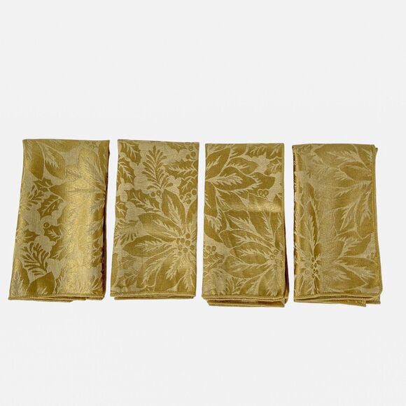 Damask Dinner Napkins Set 4 Gold Cloth Poinsettia Holiday Formal 17x17 Vintage - Picture 3 of 8